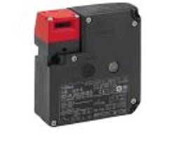 Omron D4NL sikkerhedsdørlås med M20 gevind og rød/sort plastikhoved, set forfra med tydelig mærkat.