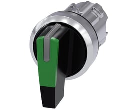 Siemens 22mm omskifter med lys, rund, metal, grøn, 3-positioners med frontplade i metal og betjeningsgreb.