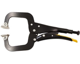 Ironside svejsetang i C-model, 300 mm lang, med C-formet tangkrop, brede kæber og sort-gult håndtag.