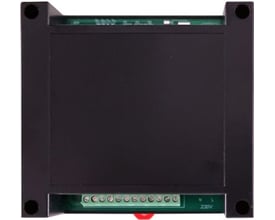 Sawux HVAC-ADD enhed i sort kabinet med synlig printplade og terminalblok for 230V tilslutning.