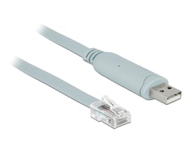 DeLock USB 2.0 til RS-232-adapter med gråt kabel, USB-A-stik og RJ45-hanstik, ca. 5 meter.