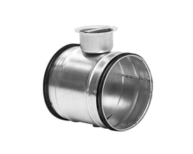 Lindab DSU afspærringsspjæld 500mm i galvaniseret stål, vist på hvid baggrund. Synlig gummitætning og koblingsstykke i toppen.