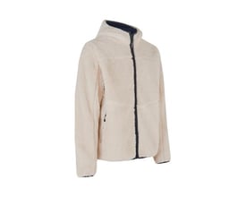 ID Identity pile fleece jakke i off white med hætte og mørkeblå lynlås, vist fra siden.