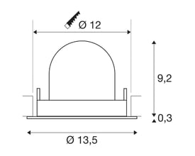 Teknisk tegning af SLV NUMINOS® GIMBLE M loftindbygningsspot med dimensioner for installation. Måler ø13,5 cm i diameter.