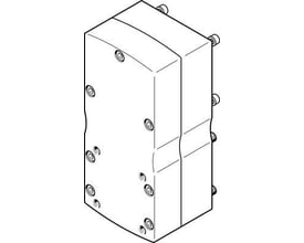 Festo parallelbyggesæt EAMM-U-86-D60-60H-102-S1 i størrelse 86, vist som en skitse af en grå, rektangulær enhed med flere monteringshuller og skruer.