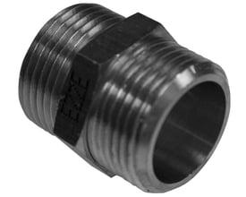 Detaljeret billede af Ezze brystnippel, forkromet messing, med 3/4" gevind og synlige brand- og specifikationsmærker.