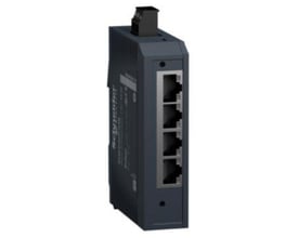 Schneider Electric Modicon Unmanaged Switch med 4 TX og 1 FX-MM port på hvid baggrund.