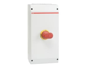 ABB 6-polet sikkerhedsafbryder 90A med hvid plastkapsling, tydeligt R/G drejegreb og synlig ABB logo.