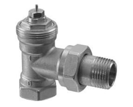 Siemens VEN110 radiatorventil med vinkelløb, 3/8" DIN til 2-strengs rørsystemer, fremstillet i metal.