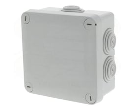 Bagside af Legrand Plexo BP forgreningsdåse, grå, 105x105 mm, med IP55-mærkning og monteringsdetaljer tydelige.