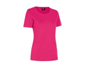 ID Identity dame T-shirt i pink, størrelse L, med rund hals og korte ærmer i blød antipilling interlock-kvalitet.