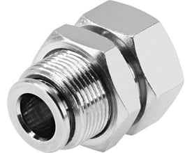 Festo skotforskruning NPQH-H-G14F-Q8-P10 i metal med synligt gevind og hexagonal låsering, viser push/pull princip.