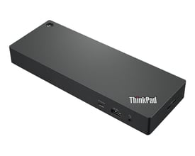 Lenovo ThinkPad Universal Thunderbolt 4-dockingstation i sort, set skråt forfra med synlige porte på fronten og siden.
