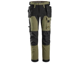 Detaljeret billede af Snickers Workwear AllroundWork arbejdsbukser 6275, fokus på CORDURA® forstærkede knæ og hylsterlommer.