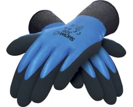 Et par Showa Dual 306 arbejdshandsker i størrelse 10, der viser den blå overside og sorte håndflade med tekst.