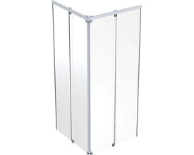 Vinklet perspektiv af Ifö Showerama frontelement, 900 x 900 mm, der viser den kvadratiske form og samlingerne.