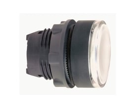Schneider Electric ZB5 LED trykhoved i hvid med kromkant, designet til planmontering på 22 mm hul.