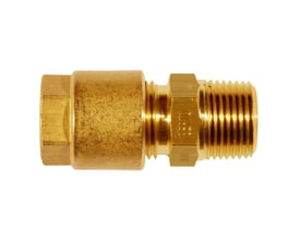 Lige messing union med udvendigt gevind, 6 mm x 1/8", vist med den blanke messingfinish og tydeligt gevind.
