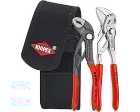 Knipex mini-tangnøgle og Cobra hightech-vandpumpetang præsenteret med en sort polyester bæltetaske med velcro-lukning.