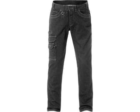 Forside af Kansas FS Service denim stretch bukser 115699 i sort C58, med Cargo-lomme, lynlås og knaplukning.