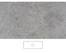 Svedbergs Kalk bordplade i grå, 121 x 46 cm uden armaturhul; overfladen vises øverst med konturtegning nedenunder.