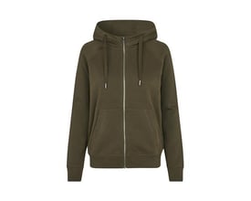 ID Identity hættecardigan til damer i oliven, størrelse L, vist lukket med gennemgående lynlås og kængurulomme.