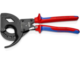 Detaljeret billede af Knipex kabelsaks, der viser 3-gearsbetjening og teksten '95 32 320 Cu + Al-Cable' samt kapaciteten Ø60mm/600mm2.