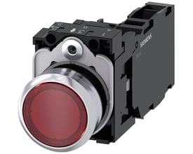 Siemens trykknap 22mm, rund i metal med højglans finish og rød lysende front. Bagpå ses en sort kontaktblok med 1NO/1NC funktion og skrueklemmer.
