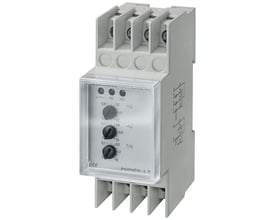 Siemens spændingsrelæ 5TT3 til 3-fasede systemer med AC 230/400V og 2 CO kontakter, viser justeringsknapper for over- og underspænding.