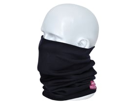 Mørkeblå Antiflam FR19 neck tube præsenteret på en hvid mannequinhoved med et lyserødt mærke synligt på siden.