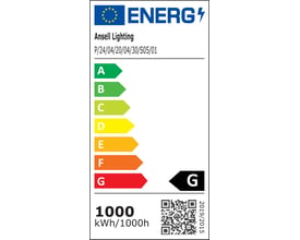 Energi-mærkat for Ansell Lighting P-Cell LED bånd, der viser energiklasse G og produktets nummer.