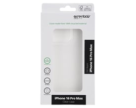 Emballagen til et transparent TPU-cover til iPhone 16 Pro Max med Essentials-logo og udskæringsvindue.