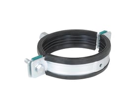 Walraven HD1501 rørbøjle i stål med sort EPDM-indlæg og låsebolte, vist åben i en skrå vinkel.