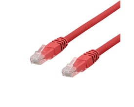 DELTACO U/UTP Cat6a patchkabel på 1 meter i rød farve med klare RJ45 stik på hvid baggrund.