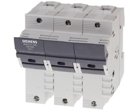 Siemens Sentron 3-polet sikringsholder i grå og hvid plast, mærket 30A 600V klasse J og med tekst 'DO NOT OPERATE UNDER LOAD!'.