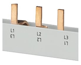 Siemens SENTRON 5ST3 stift-samleskinne med 10 mm² tilslutning og synlige L1, L2, L3 markeringer på en hvid baggrund.