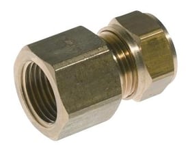 VSH kompressions overgang muffe, der forbinder 3/4" gevind med 28 mm rør. Messing materiale, velegnet til VVS.