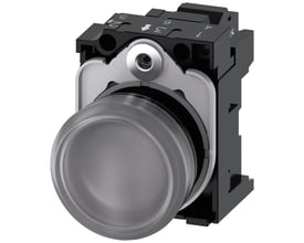 Siemens signallampe med 22mm diameter, klar glat linse i plastik med nummererede kontakter på bagsiden.