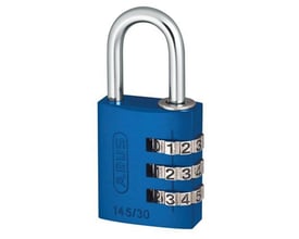 Abus kodelås 145/30 mm i blå aluminium med blank bøjle og tre cifferhjul til indstilling af kode.