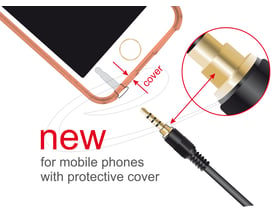 Illustration af DeLock stereojackkabel med 3,5 mm firepolet stik, hvor stikket vises ved et mobilcover.