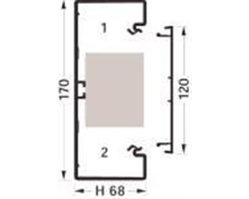 Teknisk tegning af Hager kanalbund profil BRH70172, med dimensioner H 68mm, højde 170mm, bredde 120mm og angivelse af sektioner 1 og 2.