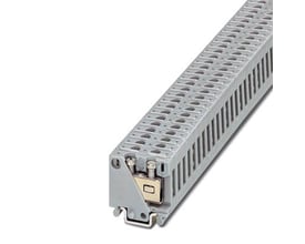 Detaljeret billede af en Phoenix Contact minibåndklemme MPT 2,5, der viser skrueterminalen og monteringsbeslaget.