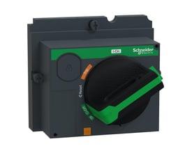 Schneider Electric sort drejehåndtag, vinkelset fra siden, med grøn indikator. Viser O-OFF og Trip mærkater på en grå enhed.