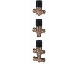 Tre Siemens VXP45.25-6.3 3-vejs ventiler med udvendigt gevind, alle med sort top og messingventilhus.
