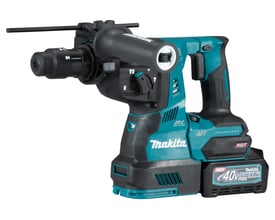 Makita 40V bore-/mejselhammer set fra siden, viser SDS-Plus borepatron og genopladeligt batteri.