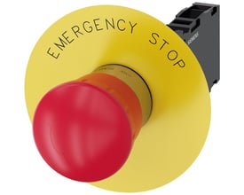 Siemens nødstop med 22 mm diameter, rundt rødt metalhus og 40 mm trykknap med 'EMERGENCY STOP' inskription.