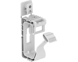 Grå OBO Bettermann kabelholder til maks. 30 kabler à Ø10 mm, vist med holderens form og separate låsedel.