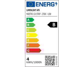 Energimærke for Lumenlight MAESTRO LED strip 2700K, viser energiklasse B og 4 kWh/1000h.