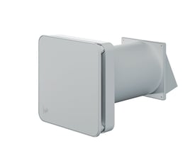 Thermex Narah decentral ventilator med varmegenvinding, Ø160, set skråt forfra med firkantet front og rundt vægrør.