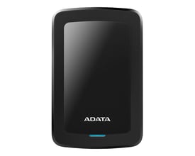 Sort ADATA HV300 ekstern harddisk med 1 TB lagerplads, set forfra med perforeret kant og blå indikator.